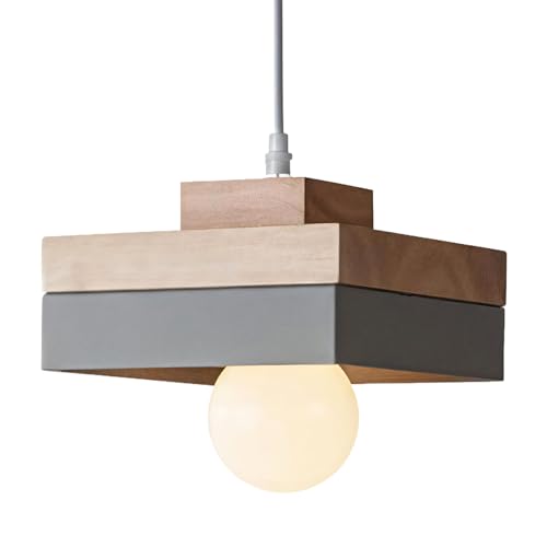 WOTTES Suspension Luminaire Bois Rétro Plafonnier Design Vintage E27 Éclairage Intérieur Carée Lustre Moderne Abat-jour Métal Lampe Suspension Art pour...