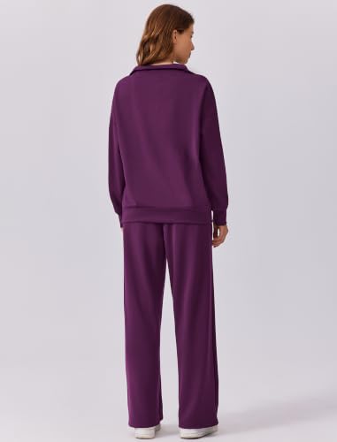 Image of PINSPARK 2 Piece Sets for Women 1 /4 Zip Lounge Matching Set Fall Outfits | Oversized Sweatshirt, Long Sleeve Pullover, Wide Leg Pants with Drawstring Pockets, Sweatsuit, 2026 Travel Airport Tracksuit