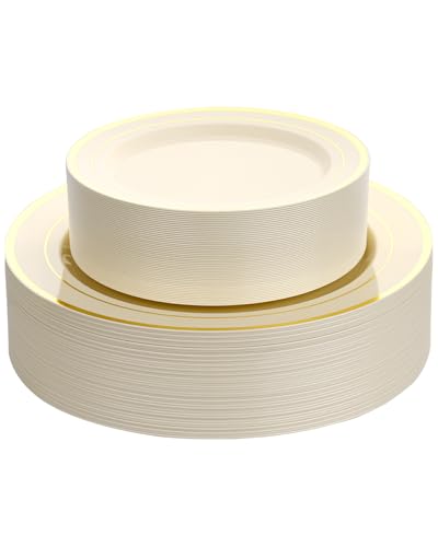 Image of Goodluck 120 PCS Ivory and Gold Plastic Plates, Heavy Duty Disposable Ivory Plates with 60 10.25 inch Dinner Plates and 60 7.5 inch Dessert Plates for Party, Holiday, Wedding