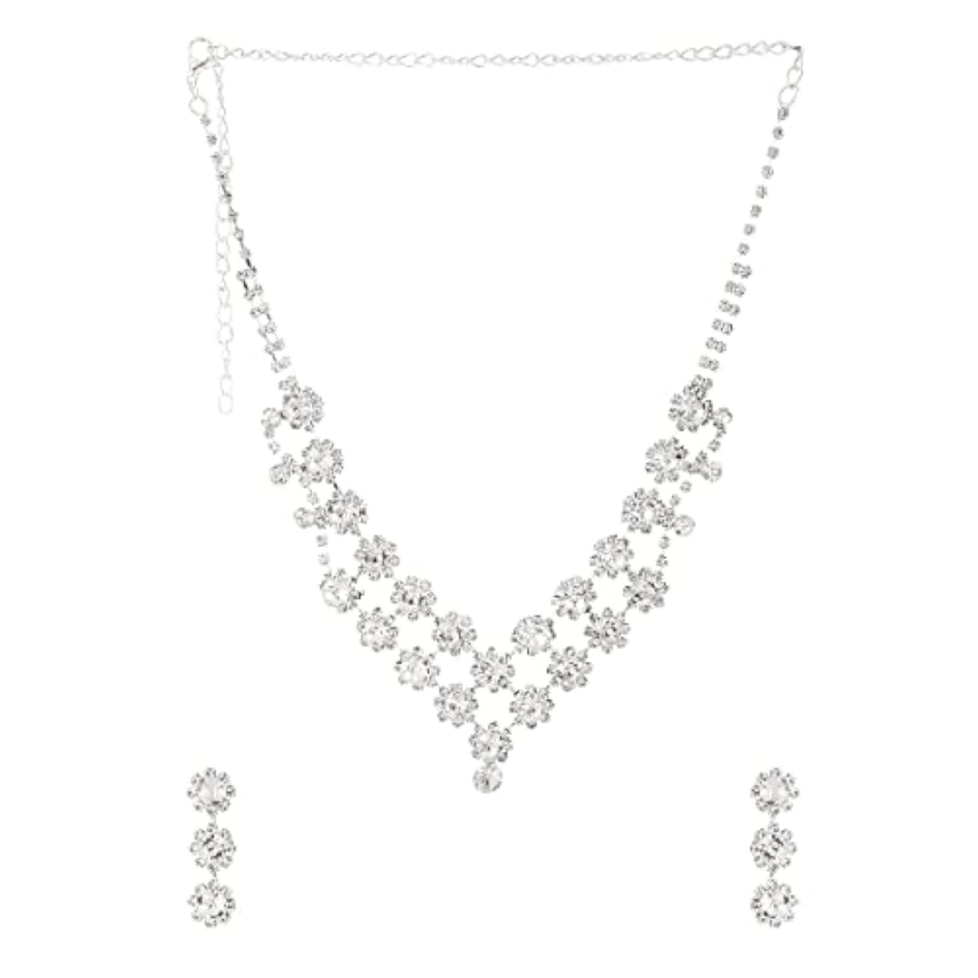 Silver Toned White Drop Chain Designed Necklace Set with Earrings