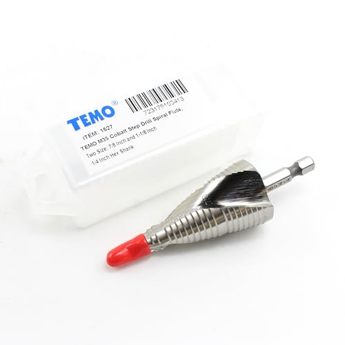 Image of TEMO M35 Cobalt Step Drill Spiral Flute Unibit, Two Size: 7 /8 Inch and 1-1 /8 Inch, 1 /4 Inch Hex Shank