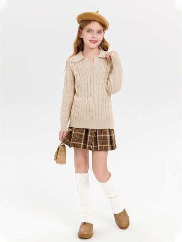 Image of Girls Sweaters Kids Fashion Cable Knit Collared V Neck Pullover Sweater Tops 5-14 Years Khaki