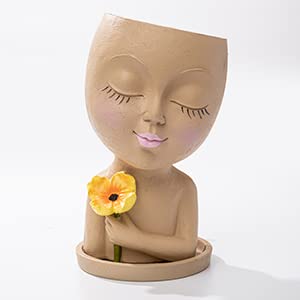 Glux Face Planters Pots Head Face Flower Pot Head Planter With Drainage Cute Lady Face Planter Pot For Indoor Outdoor Plants Design (Khaki) #TOP2