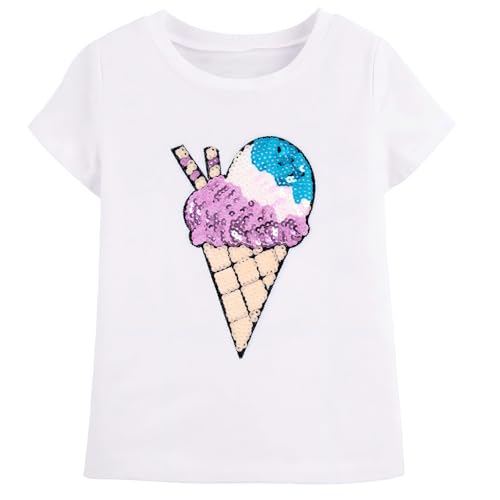 Image of Girls Clothes White T-Shirt with 3-Tone Ice Cream Reversible Sequin, Short Sleeve Crew Neck Summer Top, Casual Toddler Girls Tee Age 5