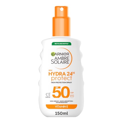 Garnier Ambre Solaire SPF 50 Hydra 24 Hour Protect, High UVB UVA Protection, Hydrating Sun Cream Spray, Enriched with Vitamin E, Helps Prevent Sun Induced Dark Spots, Water Resistant 150ML