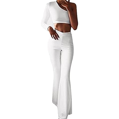 Sanahy High Waisted Flare Palazzo Wide Leg Pants Boho Solid Hippie Wide Leg Flared Bell Bottom Pants Stretch Slim Fit Soft Pants(White), S Cover