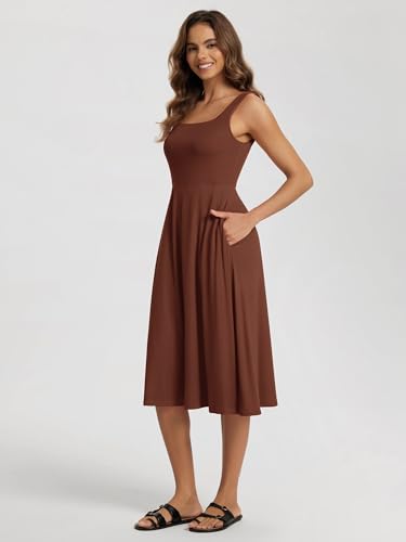Image of ODODOS Square Neck Midi Dress with Pockets for Women Summer Casual Sleeveless Sundress Flare Tank Dress