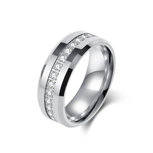 Bague de fiançailles tungstène 8mm homme anneau argent taille 61.5 zircon