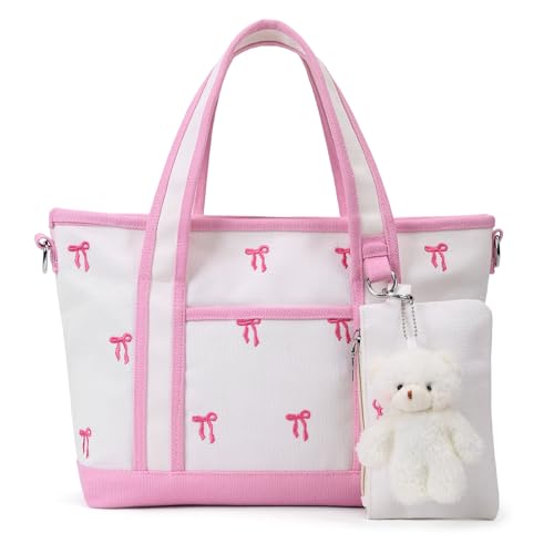 Bow Tote Bag for Women Cute Bow Purse Canvas Crossbody Handbag Aesthetic Bag with Bear Doll/Coin Purse2