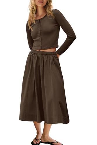 Image of Panadila Womens 2 Piece Lounge Sets Matching Vacation Outfits Ribbed Button Down Cardigan and Elastic Waist Skirt Sets