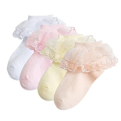 4 Pairs Lace Ruffle Ankle Socks for Girl, Cotton Princess Style Toddler Dress Sock for 2-11 Years