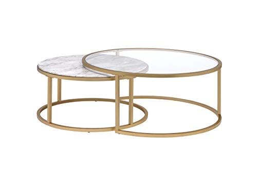 Benjara, Gold Metal Coffee Tables With Marble Tops, Set Of Two