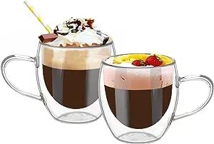 GOOLSKY Insulated Glass Coffee Mug With Handle, 8 Ounce Clear Coffee Cup, 2 Pack Insulated Glass Espresso Mugs, Double Wall Coffee Mugs for Tea, Espresso, Cappuccino, Latte, Water Cold hot Beverages