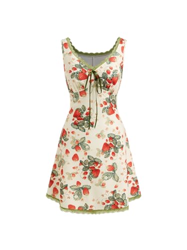 CIDER Womens Floral Mini Dress Fruit Sleeveless V Neck Lace Trim Sun Dress A Line Cute Summer Dresses Beach Vacation Outfits Multicolor