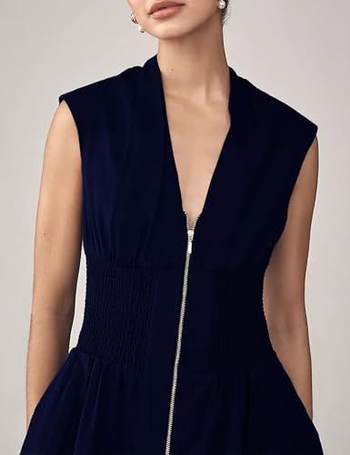 Image of Women's V Neck Summer Dress Cap Sleeve Zipper Mini Dress Smocked Slit Dress with Pockets