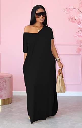 Image of Women Summer V Neck Loose Side Split Maxi Dresses with Pocket