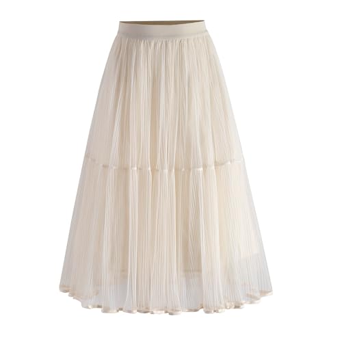 Summer Elegant Pleated Solid Elastic Waist Tulle Patchwork Flare Women Midi Skirt
