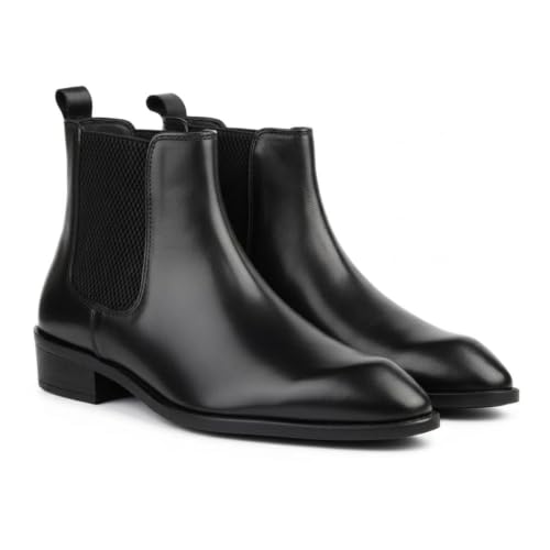 Image of Hayes London Chelsea Boots for Man | Crust Leather Black Ankle Boots | Cuban Heel Pointed Toe Stylish Formal & Casual Boots for Men | Slip-On Elastic Side Panel