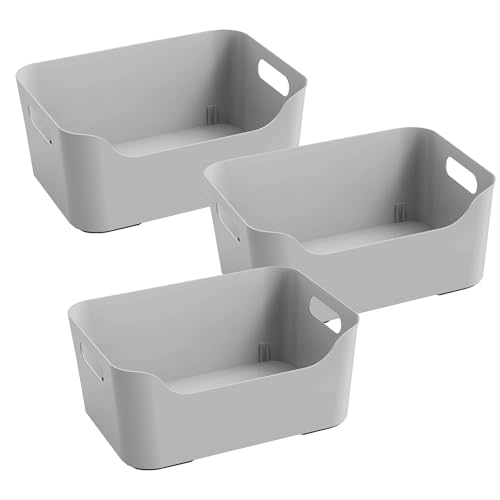 Image of KOLORR Jolly Plastic Medium Baskets with Handle for Storage Box| Multipurpose Light Weight Plastic Baskets organiser for Make-up Stationary Cosmetics Kitchen Livingroom Bathroom | Pack of 3 - Grey