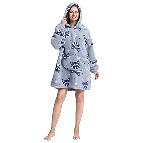 Sweat à Capuche Surdimensionné Femme Sweat Plaid à Capuche Femme Géant Long Super Chaud Doux Confortable Couverture à Capuche avec Manches Grande Poche pour Adulte Femme Homme (Raton Laveur-90CM) Cover