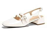 Coutgo Womens Mary Jane Chunky Low Heels Slingback Pumps Closed Square Toe Wedding Dress Shoes, White, Size 8