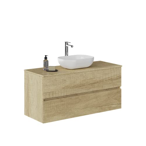 Baikal Baño Onyx, 2 cajones, suspendido en Pared, con Lavabo cerámico. Mueble Montado, Melamina 16,Mueble F46 + Top + Lavabo 120 cm Nature