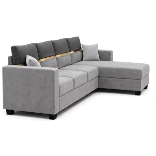 Image of Furny Arvea 5 Seater Fabric RHS L Shape Sofa Set (Light Grey-Dark Grey) | Soft Velvet Fabric | Modern Design | Comfortable Seating | Living Room Furniture