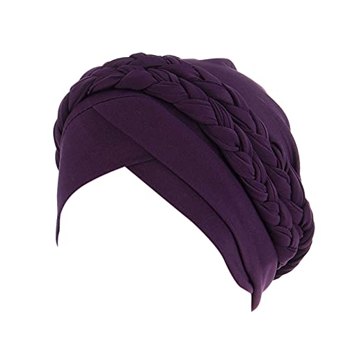 Shan-S Women Turban Head Wrap Pre-Tied Twisted Braid Cap Chemo Cancer Hair Cover Hat Sleeping Cap Head Covering Purple, One Size