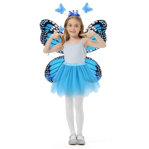 AYBUY Kids Butterfly Wings Costume, Include Fairy Wings Tutu Magic Wand & Headband, Costume Butterfly Dress Up for Girls Fancy Dress Christmas Halloween Party Cosplay,Blue