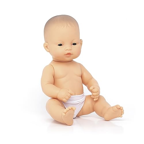 Miniland Boneco bebé asiático menino de vinil macio de 32 cm com características étnicas e sexuadas para aprendizagem da diversidade com perfume suave e agradável.