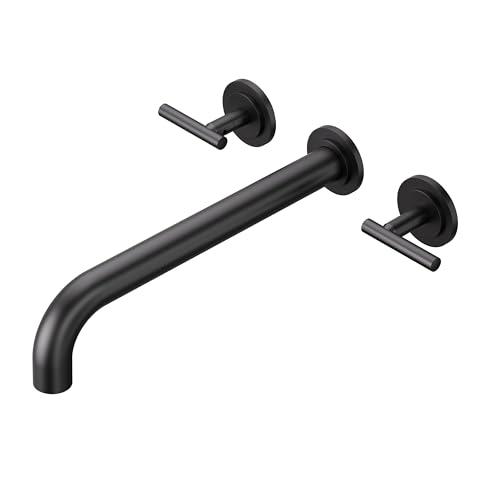 WOWOW Wall Mount Tub Filler: Matte Black Tub Faucet High Flow Two Handles Solid Brass Long Spout Reach Bathroom Bathtub Faucets with 2 Handles Tub Faucet with Brass Rough in Valve Included