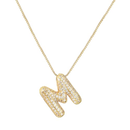 RWQIAN Bubble Initiales Lettre Chaîne Or Femmes Ballon Bling Zircone Lettre Pendentif Alphabet M Collier Femmes Bijoux Cadeau