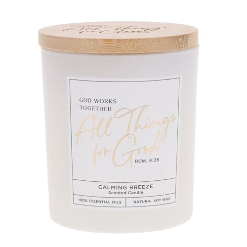 Christian Art Gifts Soy Wax Scented Candle: Romans 8:28 Bible Verse Calming Breeze Scent Pure Essential Oils 4.5 oz Up to 20 Hours Burn Time Glass Jar w/Bamboo Lid Encouragement Gift