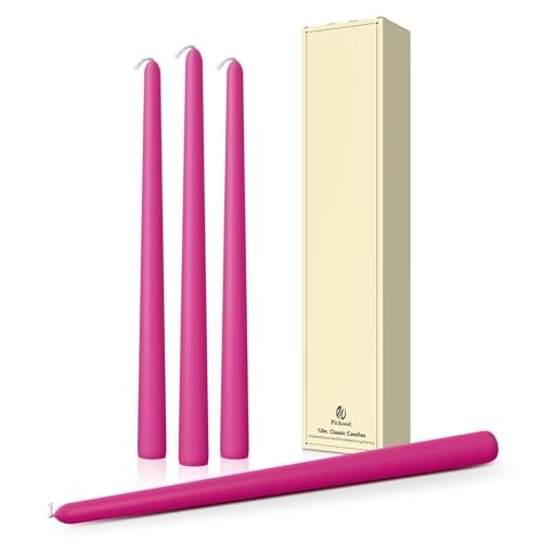 Pickood 12-Inch Tall Dripless Taper Candles Set of 4 - Hot Pink Tapered Candles, Perfect for Spring - Smokeless, Unscented, Long Burning - Hand Poured, Colored Tall Candlesticks - neon Pink