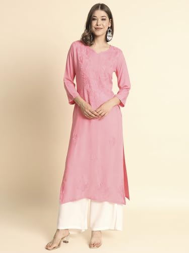 Image of VAIRAGEE Women's Embroidered Lukhnavi Chikankari Work Straight Rayon Ethnic Kurta | Casual Office Kurta for Women