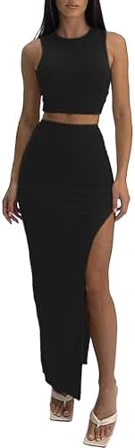 ELLEVEN Sexy 2 Piece Maxi Skirt Sets for Women - Knit Bodycon Crop Tank Top and High Slit Skirt Dress Set, Summer Outfits