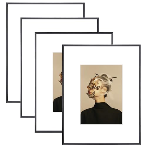 Fkvat 11x14 Picture Frame Set of 4, Matted Black Simple Modern Brushed Thin Aluminum Metal Photo Frame Fits 8x10 with Mat or 11 x 14 without Mat Vertical and Horizontal for Tabletop and Wall Mounting
