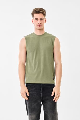 Image of SNITCH Men's Sleeveless Slim Fit T-Shirt | Ribbed Texture & Breathable Fabric | Polyester Blend Material with Stretchability | Casual Wear for Layering & Everyday Use