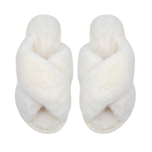 Women Fluffy Cross Band House Slippers Fuzzy Open Toe Slippers Slip-on Cozy Plush Home Shoes Indoor Outdoor