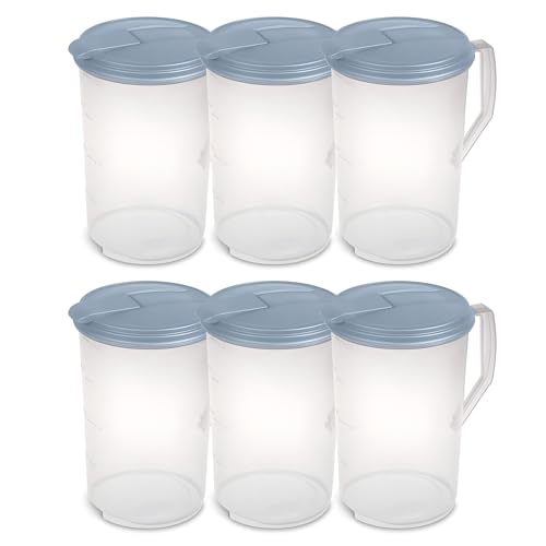 Sterilite 6 Pack 1 Gal Round Pitcher, Drink Dispenser Jug, Flip Tab Lid, Washed Blue