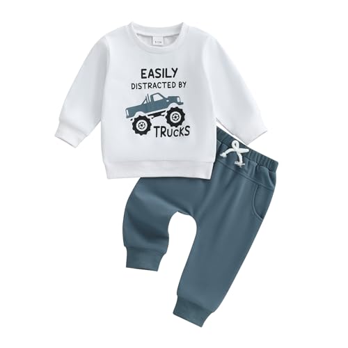 WZTYYDS Toddler Baby Boy Fall Clothes Letter Truck Print Long Sleeve Pullover Sweatshirt Tops Joggers Pants Set Winter Outfits (Blue Trucks 2-3T)