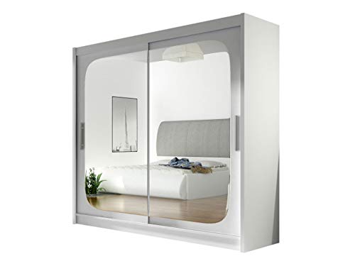 Preisvergleich Produktbild Kleiderschrank mit Spiegel London VIII Schwebetürenschrank, Schiebetürenschrank, Modernes Schlafzimmerschrank 180x215x57cm, Garderobe, Schlafzimmer (Weiß)