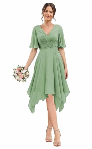 YOFF Women’s Fultter Sleeves Bridesmaid Dresses Short V-Neck A-line Pleated Chiffon Formal Party Dresses YO112