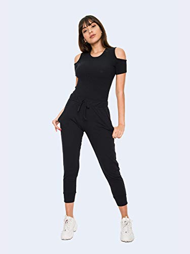 Conjunto Salvatore Comfy Com Blusa Ombro Vazado e Jogger Canelada (M, Preto)