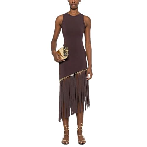 Women Round Neck Sleeveless High Waist Spliced Tassels Elegant Slim Fit Temperament Solid Dress