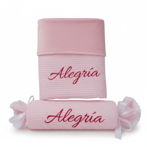 Variouss Set Manta y Cojín Caramelo Bebé Personalizados con Nombre – Suave Coralina y Algodón Waffle 70x100 cm – Regalo Recién Nacido, Baby Shower, Cuna y Carrito (Rosa)