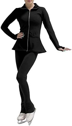 DAGORD Figure Skating Training Suit, Elegant Solid Color Flared Hem Elastic Warm Women's Girl's Ice Skating Training Jackets and Pants Leggings Sets,3XL,Black