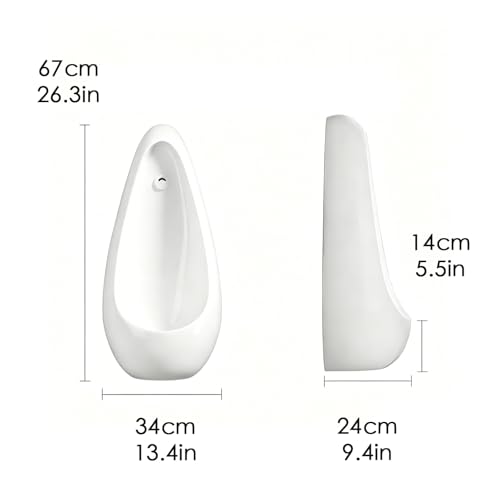 Urinal de cerámica para montaje en pared para hombres con sensor de descarga, diseño delgado, fácil de limpiar para baños, baños públicos, espacios comerciales, escuelas y hospitales (presión manual, 67 cm / 26,3 pulgadas) miniatura 2