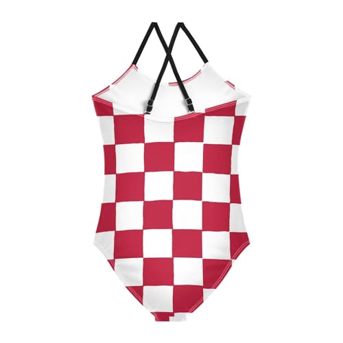 Image of Black and White Chess Girls One Piece Swimsuits Board Marble Tile Sport Halter Swimwear Beach Bathing Suit 3T