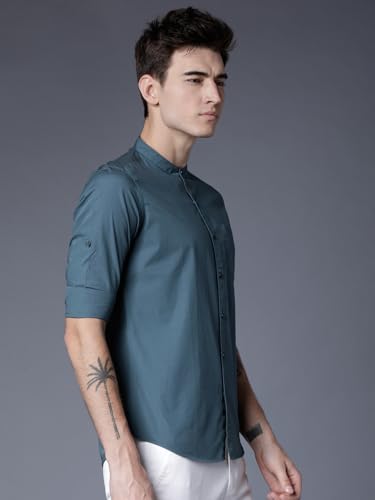 Image of Highlander Men's Slim Fit Casual Shirts | Solid | Long Sleeves | Mandarin Collar | Casual Shirts for Men